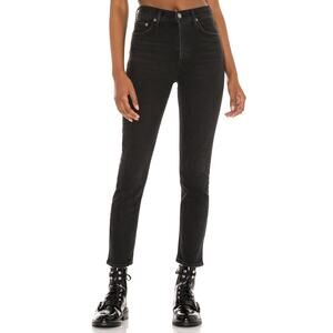 Agolde Nico Black High Rise Slim Fit Cotton Blend Button Skinny Jeans, size 32